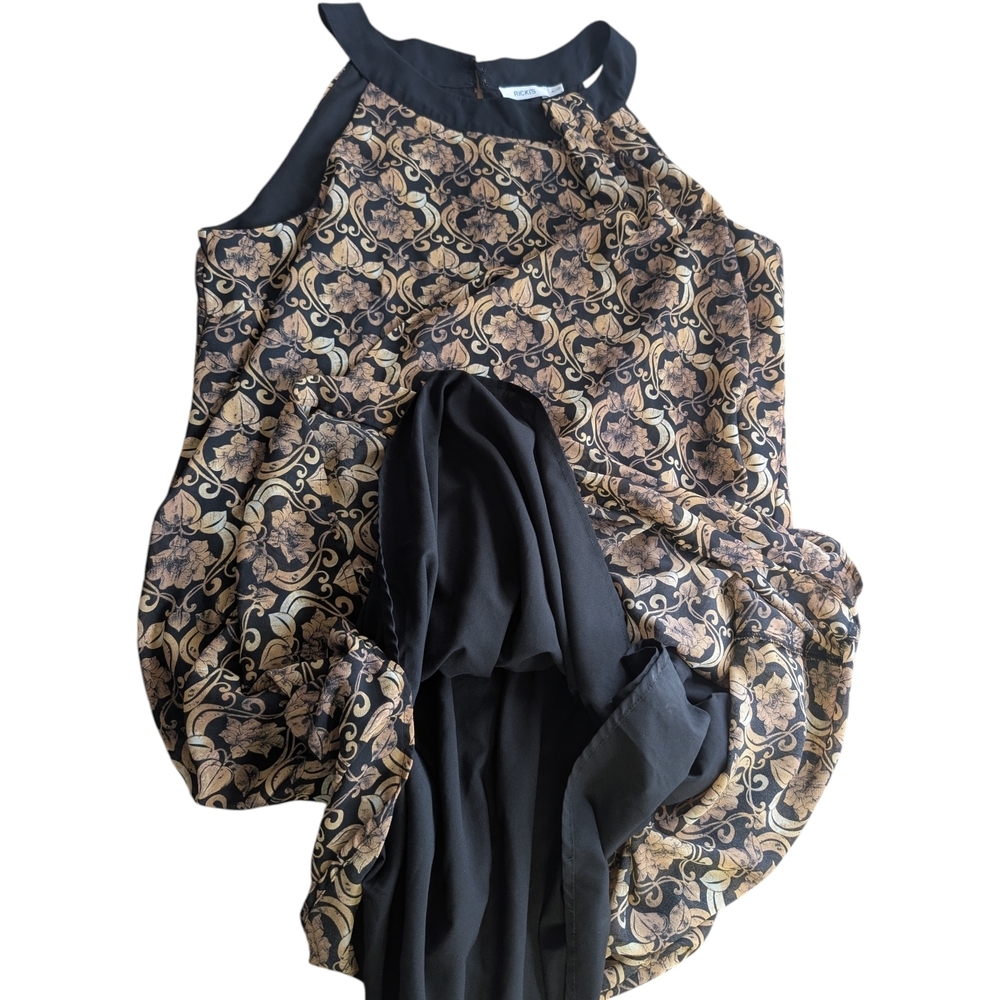 Ricki’s Black Gold Baroque Midi Dress XL Flowy Sleeveless Dark Quiet Luxury - Picture 10 of 11